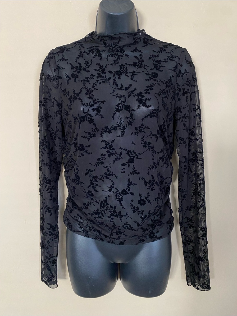 Zara Black Floral Burnout Long-Sleeve Top
